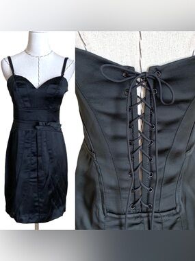 Vintage 90s Bebe Black Satin Corset Lace Up Mini Dress Dolce Gaultier size Small